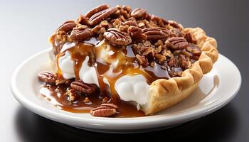 AI generated Freshness and indulgence on a plate, sweet pie temptation generated by AI photo