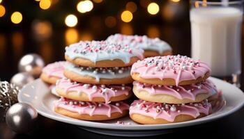 AI generated Homemade dessert chocolate cookie with strawberry icing, a sweet indulgence generated by AI photo