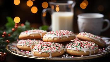 AI generated Homemade dessert chocolate cookie with icing, served on rustic plate generated by AI photo