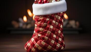 ai generado acogedor invierno celebracion con regalo, fuego, y Navidad decoración generado por ai foto