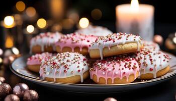 AI generated Homemade gourmet dessert chocolate donut with pink icing decoration generated by AI photo