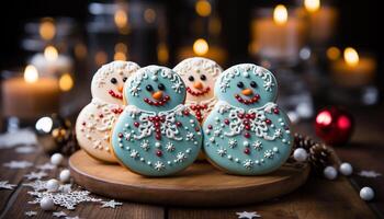 AI generated Winter celebration snowman, cookie, candle, snow, snowflake, dessert, homemade generated by AI photo