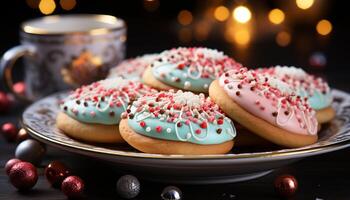 AI generated Homemade gourmet dessert chocolate donut with colorful icing decoration generated by AI photo