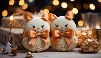 AI generated Winter celebration cute gift, Christmas decoration, cheerful family, homemade dessert generated by AI photo
