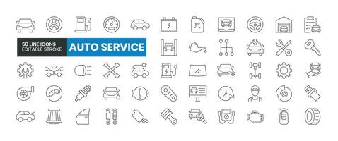 Set of 50 Auto Service line icons set. Auto Service outline icons with editable stroke collection. Includes Garage, Fuel, Engine, Mechanic, Car Wash, and More. vector