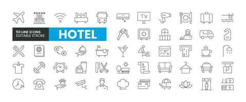 Set of 50 Hotel line icons set. Hotel outline icons with editable stroke collection. Includes Hotel, Room Service, Waiter, Restaurant, Taxi, and More. vector