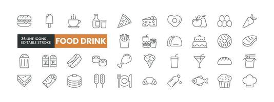 Set of 36 Food and Drink line icons set. Food and Drink outline icons with editable stroke collection. Includes Pizza, Burrito, Eggs, Chicken, Fish, and More. vector