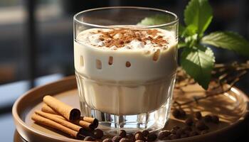 ai generado frescura en un vaso café, leche, crema, chocolate, azotado crema generado por ai foto