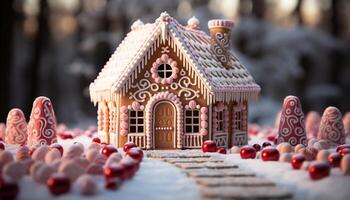 AI generated Homemade gingerbread house, decorated with icing and candy generated by AI photo