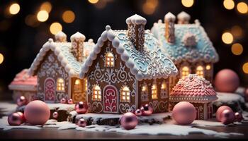 ai generado hecho en casa pan de jengibre casa decorado con Formación de hielo, dulce, y copos de nieve generado por ai foto