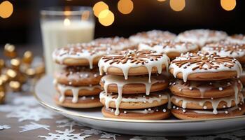 AI generated Homemade chocolate chip cookies on a festive winter table generated by AI photo