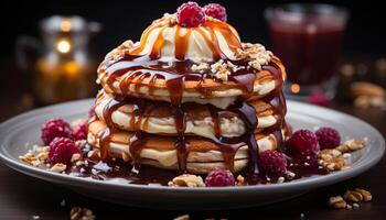AI generated Homemade pancake stack with raspberry syrup, whipped cream, and berries generated by AI photo