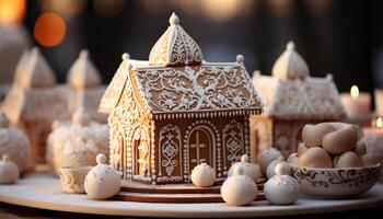 AI generated Homemade gingerbread house, a sweet symbol of Christmas celebration generated by AI photo