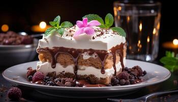 ai generado hecho en casa chocolate tarta de queso con Fresco frambuesa y menta hoja generado por ai foto