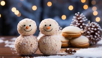 AI generated Winter celebration Snowman cookie, sweet snowflake, homemade chocolate dessert generated by AI photo