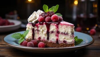 AI generated Homemade berry cheesecake with fresh fruit and whipped cream generated by AI photo