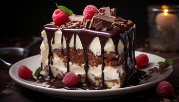 AI generated Freshness and indulgence on a plate homemade chocolate cake with raspberry cream generated by AI photo