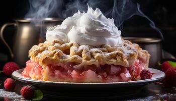 AI generated Homemade dessert Fresh raspberry ice cream on wood plate generated by AI photo