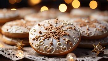 ai generado hecho en casa chocolate copo de nieve galletas Decorar el festivo invierno mesa generado por ai foto