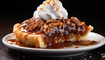 AI generated Fresh homemade dessert sweet pie with whipped cream and chocolate sauce generated by AI photo