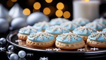 AI generated Homemade chocolate snowflake cookies decorate the winter dessert table generated by AI photo
