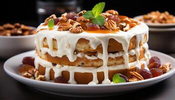 ai generado un hecho en casa gastrónomo postre Fresco Fruta rebanada en un plato generado por ai foto