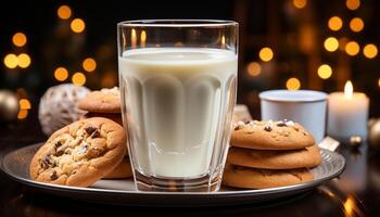 AI generated Homemade chocolate chip cookie on rustic table with milk generated by AI photo