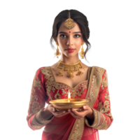 ai generato indiano donna con Diwali lume di candela png