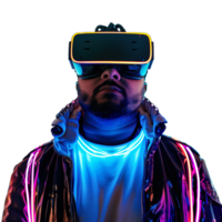 AI generated Man in VR glasses with neon lights front view png