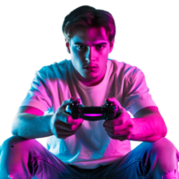 ai generiert Mann hält Joystick im Hände im Neon- Licht png