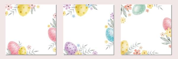 Frame of cute colorful Easter eggs, flowers and leaves. Paschal Concept with yellow and pink Easter Eggs. Isolated watercolor illustration. Template for Easter cards, covers, posters and invitations. vector