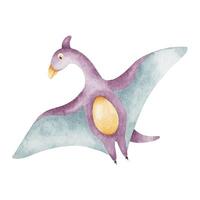 Cute purple flying dinosaur. Isolated hand drawn watercolor illustration of dino. A clipart of pterodactylus for children's invitation cards, baby shower, decoration of kid's rooms and clothes. vector