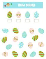 Counting Game for Preschool Children. Educational a mathematical game. Count how many  eggs and write the result. Math worksheet for kids. vector