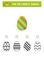 Find the right shadow. Colorful and black and white Easter eggs.Educational game with eggs. Logic games for children with an answer.A training card with a task for preschool and kindergarten children. vector