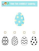 Find the right shadow. Colorful and black and white Easter eggs.Educational game with eggs. Logic games for children with an answer.A training card with a task for preschool and kindergarten children. vector