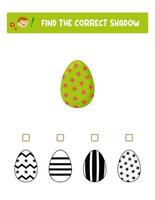 Find the right shadow. Colorful and black and white Easter eggs.Educational game with eggs. Logic games for children with an answer.A training card with a task for preschool and kindergarten children. vector