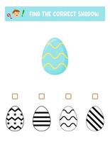 Find the right shadow. Colorful and black and white Easter eggs.Educational game with eggs. Logic games for children with an answer.A training card with a task for preschool and kindergarten children. vector