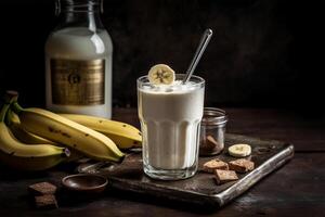 AI generated Banana milkshake on wooden table.Close up view photo