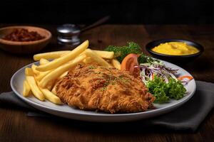 AI generated Chicken schnitzel with fried potatoes and salad.Close up view photo