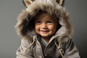 ai generado retrato de un bebé niño vistiendo un lobo disfraz en aislado antecedentes foto