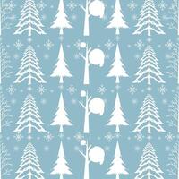 Seamless pattern with winter trees and Chistmas trees pattern, with snow on it and Set of winter trees on blue background vector