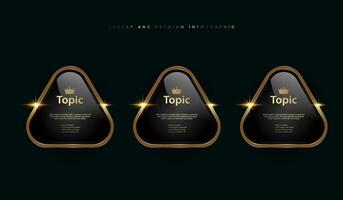 Groups of three Triangle premium quality banners with crown, a gold triangle  black metallic round badge, a Gold shiny button, set of three metallic golden infographic vector