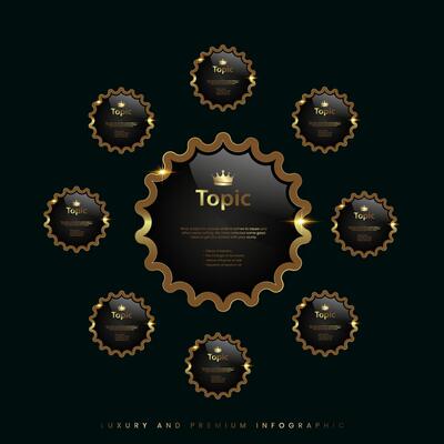 Circle Luxury, premium quality banner crown gold black metallic round badge, a Gold shiny button, metallic golden infographic, vector icon on Dark