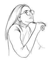 A hand-drawn drawing of a thoughtful girl with glasses holding a pen in her hand vector