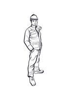 a hand-drawn drawing of an engineer in overalls and a hard hat vector