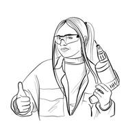 A hand-drawn drawing of a female construction worker with a drill in safety glasses vector