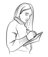 hand-drawn drawing of a girl writing with a pen in a notebook vector