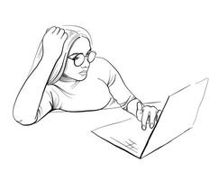 a girl with glasses looks at a laptop screen vector