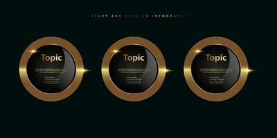 Group of three Luxury, Gold shiny button, metallic golden infographic, vector icon on Dark