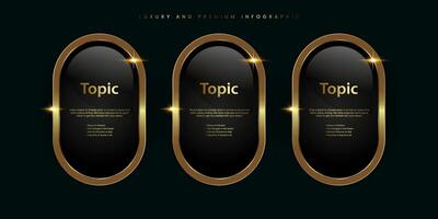 Group of three Luxury, Gold shiny button, metallic golden infographic, vector icon on Dark, plate button of ellipse shape with golden frame vector illustration